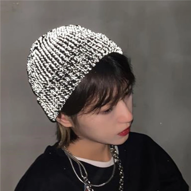 

Warm Women's Reflective Beanie Hat Black Blue Winter Autumn Knitted Hat Czapka Zimowa Sombreros De Mujer Chapeau Femme