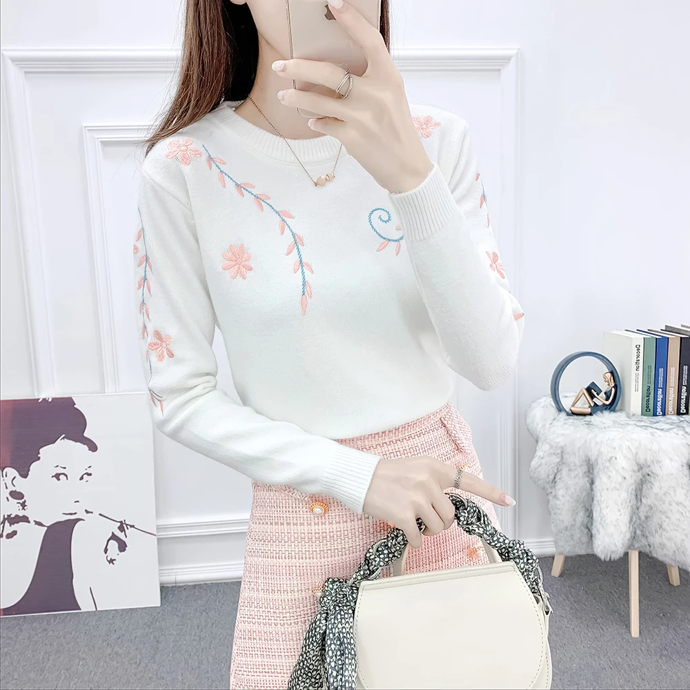 

Autumn New Skirt Fashion Suits Women Embroidered Long-Sleeved Sweater Woolen Grid Skirts Two-Piece Clothing Set Knitted Outfit