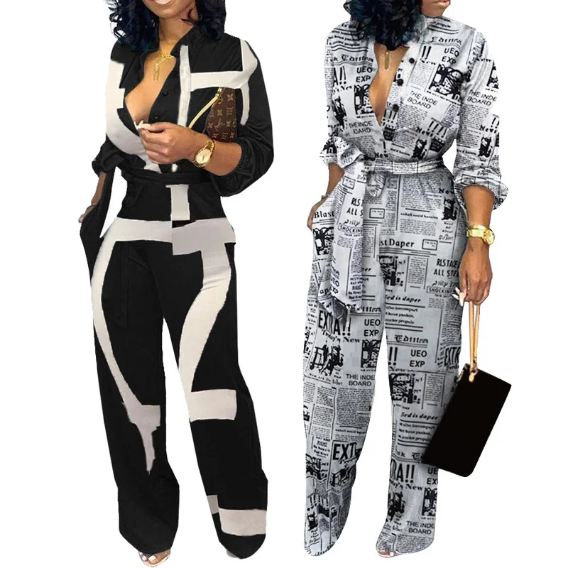 

2021 New Long Sleeve Printed Jumpsuit Sexy V-neck Lace Wide Leg Jumpsuit Printed Straight Women's Jumpsuit Long Sleeve Jumpsuit