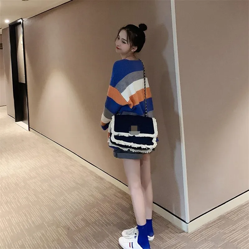 Радужный полосатый Женский свитер 2019 v-образный вырез с длинными рукавами