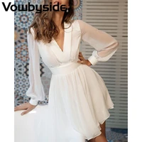 spring and autumn new solid color gauze casual fashion womens dress long sleeve v neck a line office lady dress