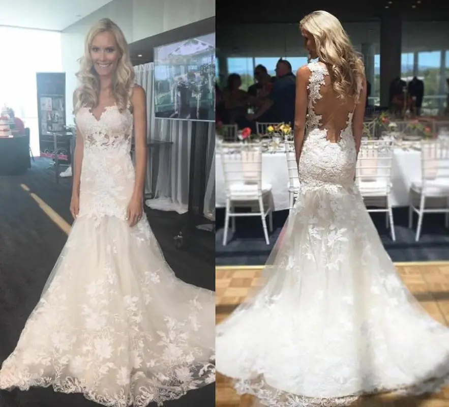 

Lace Appliques Mermaid Wedding Dresses Jewel Neck Court Train Arabic Dubai Wedding Bridal Gowns vestidos de novia