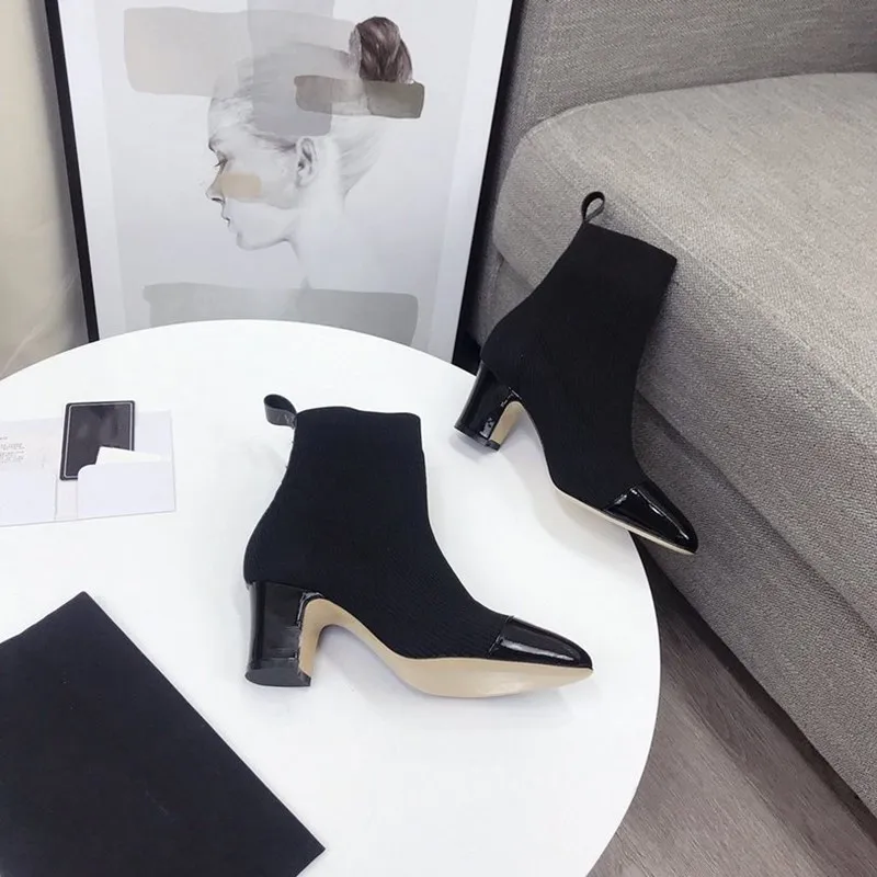 Goede Echt Leer Mid Hak Vrouw Enkellaarsjes Puntschoen Stretch Stof Dames Schoenen Luxe Designer 2020 Nieuwe Zapatos De Mujer