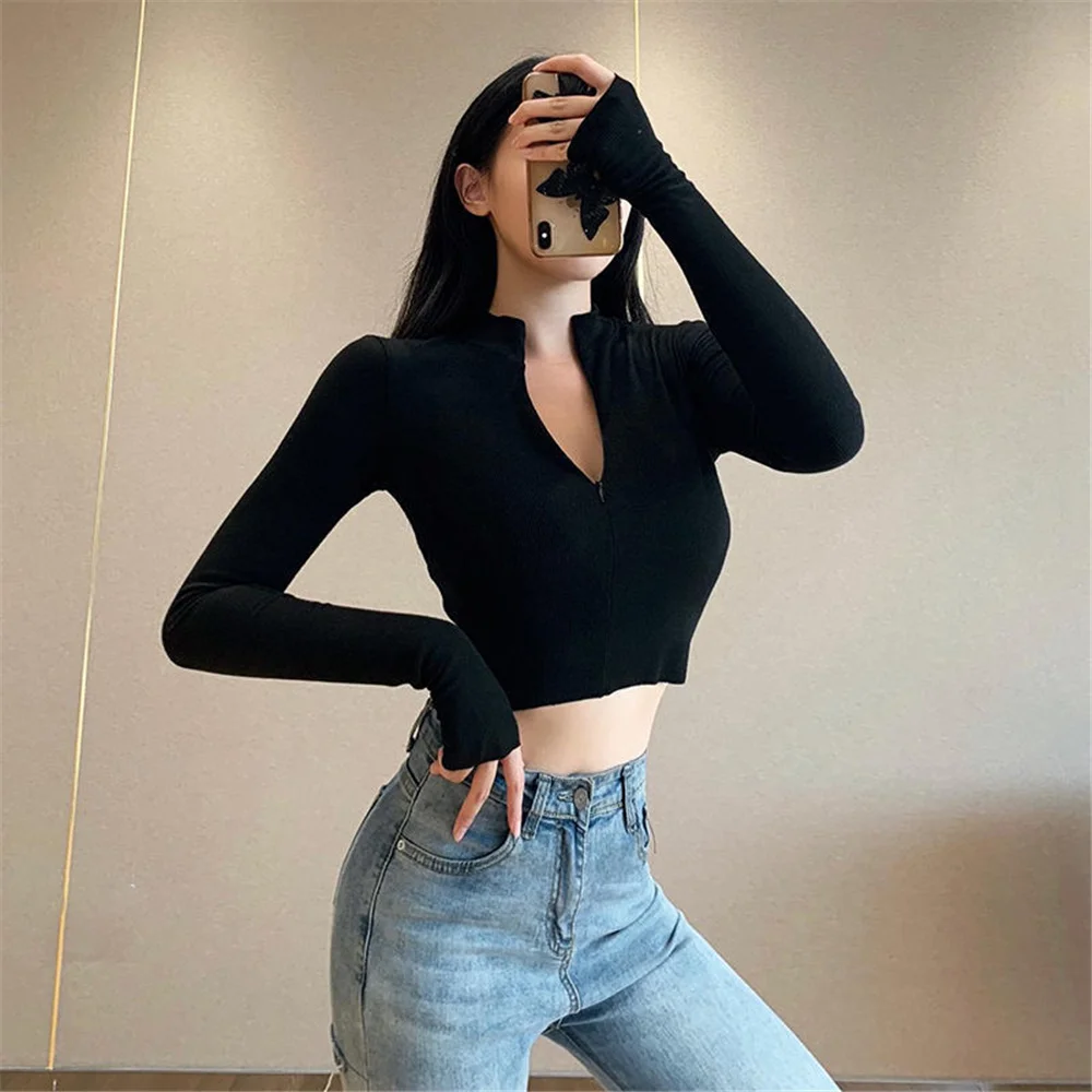 

Long-sleeve O-Neck Women's T-shirt ZARAes High Waist Slim Zipper Short Cropped Tights Summer New Fashion Streetwear Tops Female