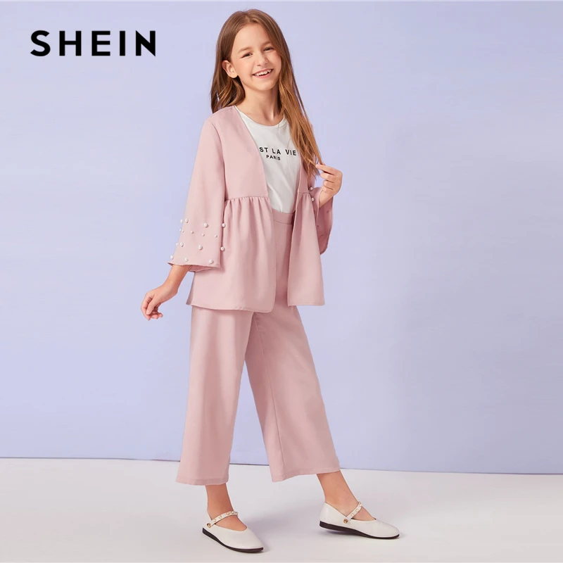 SHEIN Kiddie/розовое пальто с манжетами и широкими штанинами для девочек, комплект детской одежды г., Осенний повседневный костюм с длинными рукавами и оборками