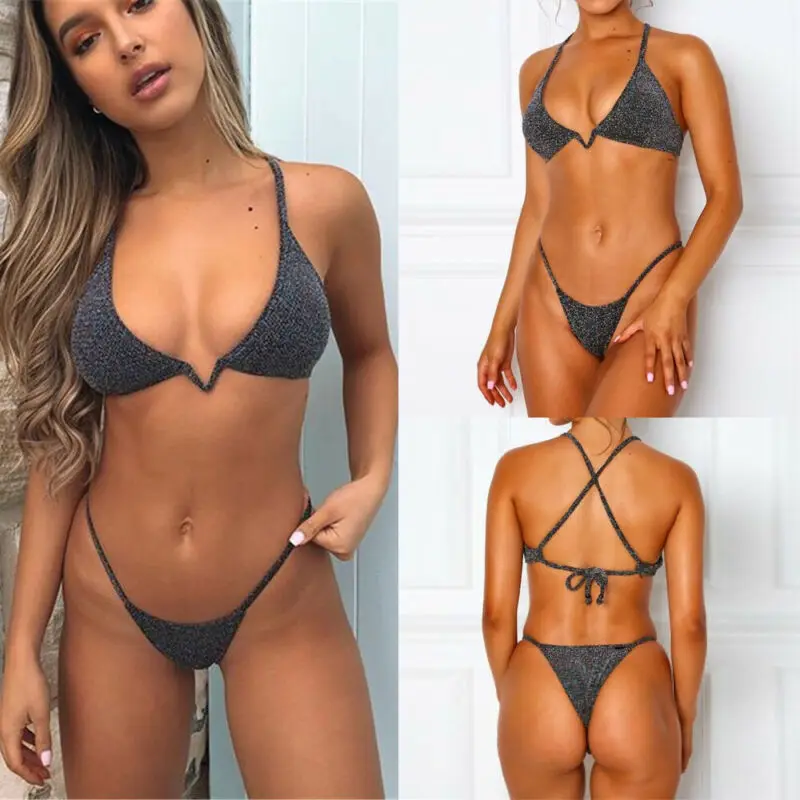 Сексуальный женский бандажный комплект бикини с блестками купальник-монокини