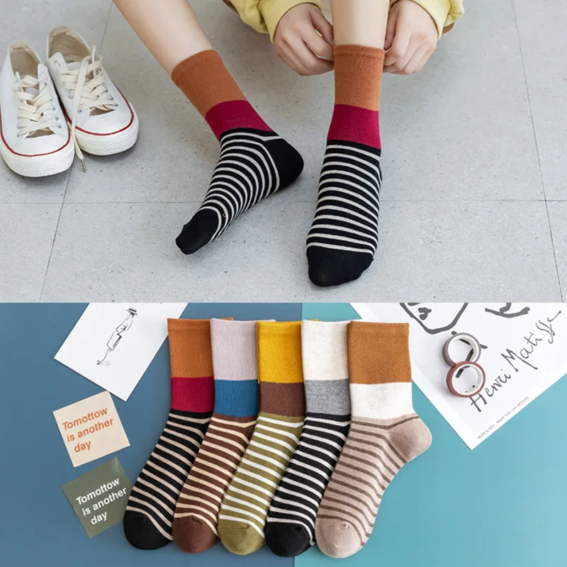 10 pieces = 5 pairs Women's Cotton socks New Style for Autumn and Winter Fashionable Creative Striped All-match Socks women