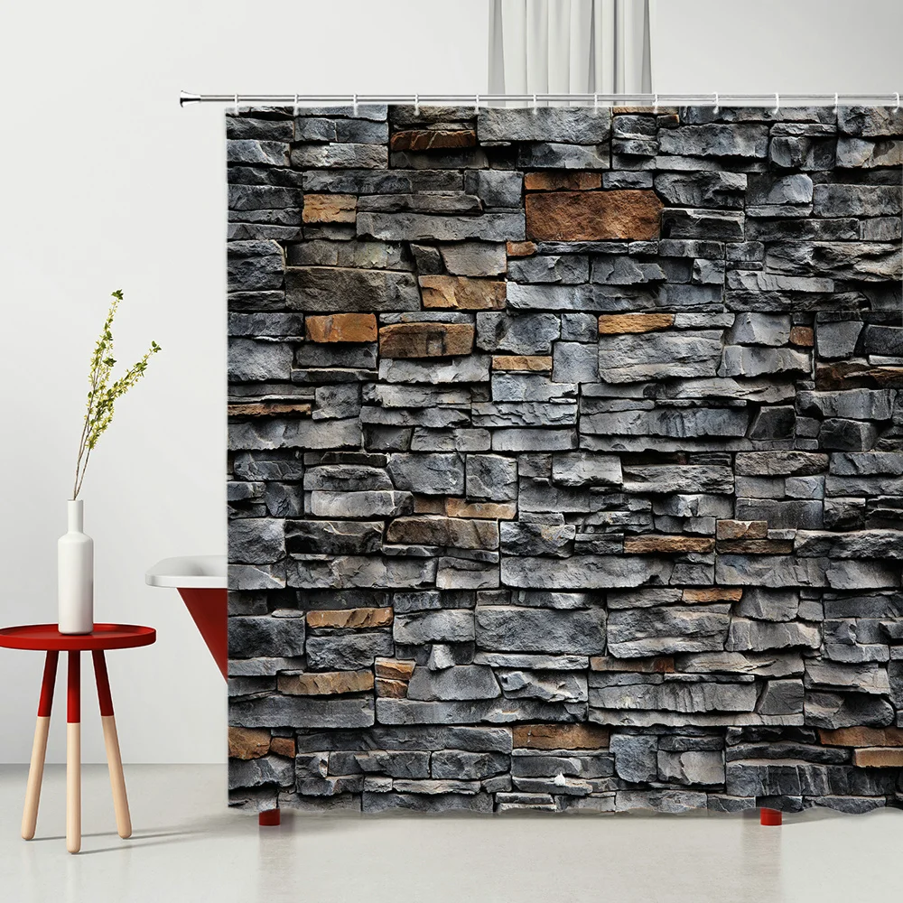

Chinese Style Shower Curtains Vintage Stone Brick Wall Multiple Size Household Fabric Hanging Curtain With Hooks