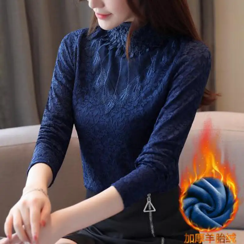 Plus size tops fashion woman blouses 2020 white lace blouse shirt long sleeve women shirts blusas femininas Warm Fleece Thicken | Женская