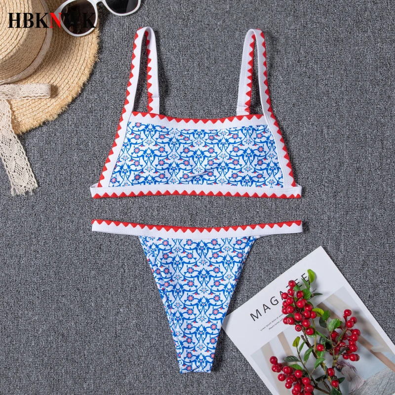 

2021 New Print Bikinis Swimsuit Women Bandeau Swimwear Patchwork Two-Pieces Bikini Sets Female Summer Beach Bathing Suit biquini
