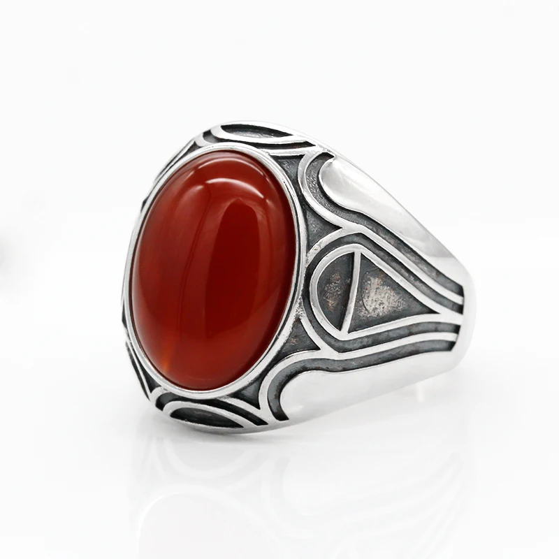 

Turkish Men's Ring with Red Agate Stone 925 Sterling Silver Natural Gemstone Vintage Thai Silver Jewelry to Male Women Gift
