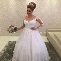 sheer jewel long sleeves lace appliques wedding dress bridal gowns buttons back long princess european style robe de mariage