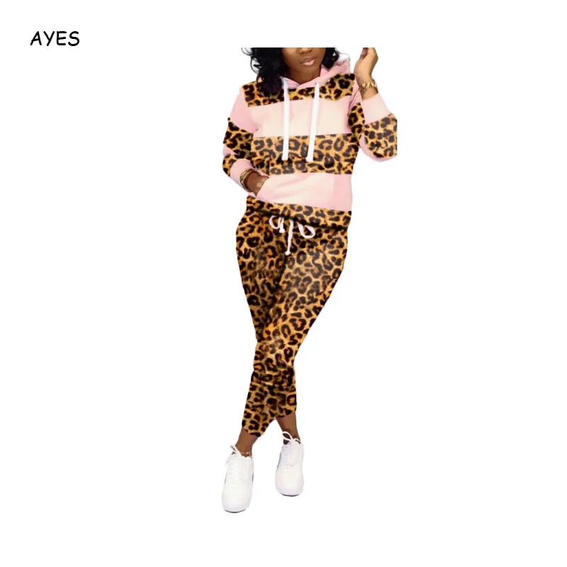 

2020 New Autumn Women Casual Set Long Sleeve Hooded Patchwork Sweat Top+Pants Leisure Tracksuits Two 2 Piece Matching Suits Sets