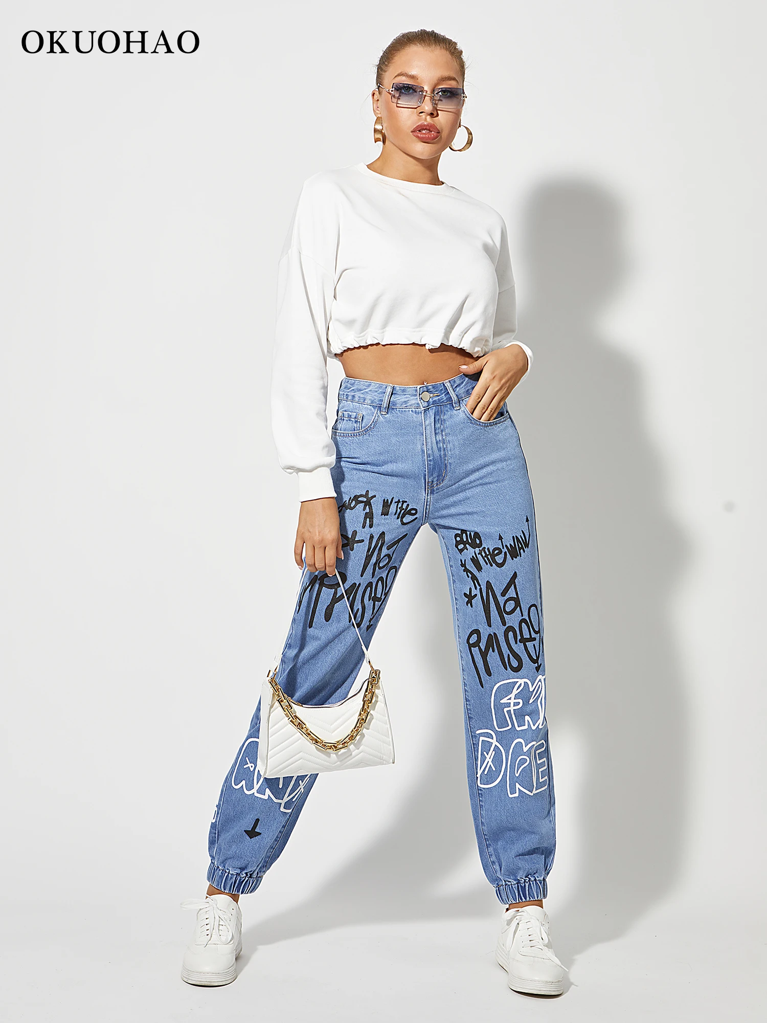 Print High Straight Jeans Women Denim Track Pants With Letter Pattern Womens High Rise Jogger Denim Jeans Waist Drawstring Pants