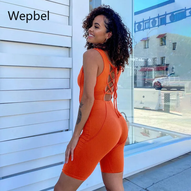 

Wepbel Sports Fitness Jumpsuit Tracksuits Bandage Jumpsuits Women Jersey U-Neck Backless Playsuits Rompers Cropped Pants