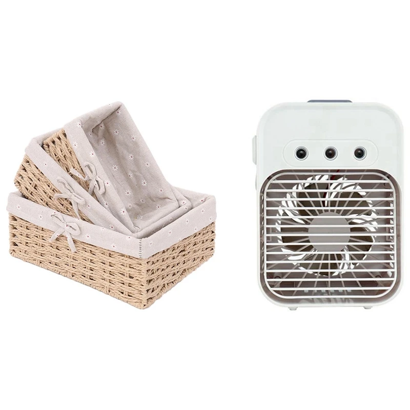 

1Set Portable Air Conditioner, Personal Air Cooler 3 Wind Speed & 3Pcs Handmade Rattan Storage Baskets