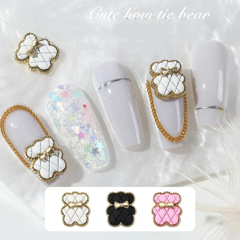 

5Pcs Nail Art Alloy Jewelry Bow Tie Bear Soft Cute Checkered Bear Nail Sticker Rhinestone Nail Decoration 3D Nail Art Decoration