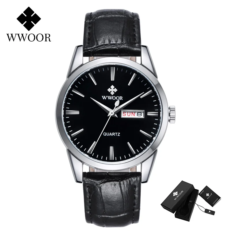 

WWOOR Classic Leather Watches Mens Top Brand Luxury Black SportS Quartz Wrist Watch Male Casual Business Clock Relogio Masculino
