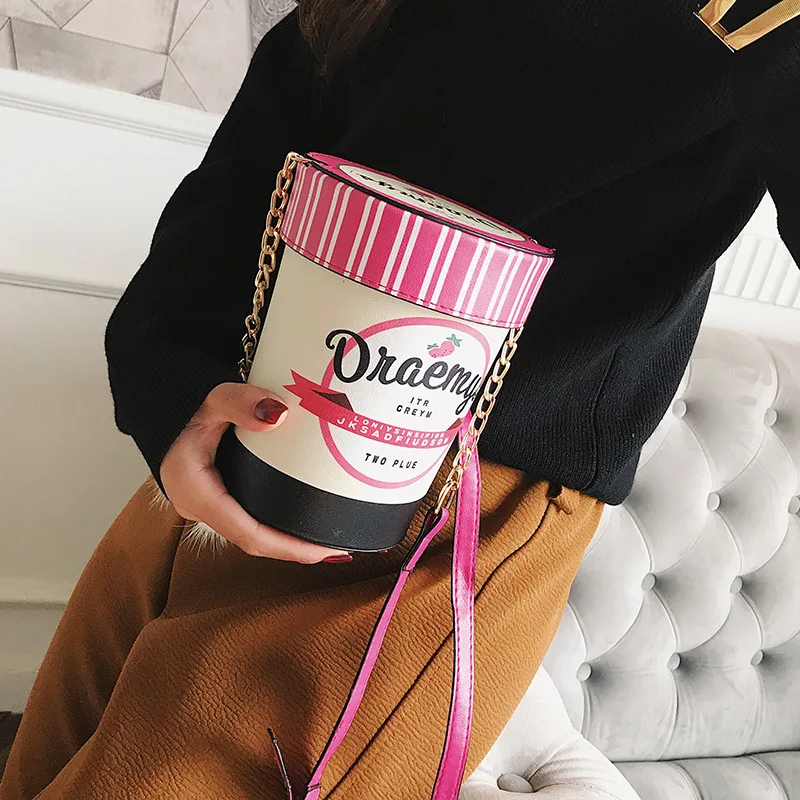 

Korean Party Funny Bucket Bag Leather Luxury Women's Shoulder Bags Fashion Cute Ice Cream Print Chain Soft Girl Messenger Bag