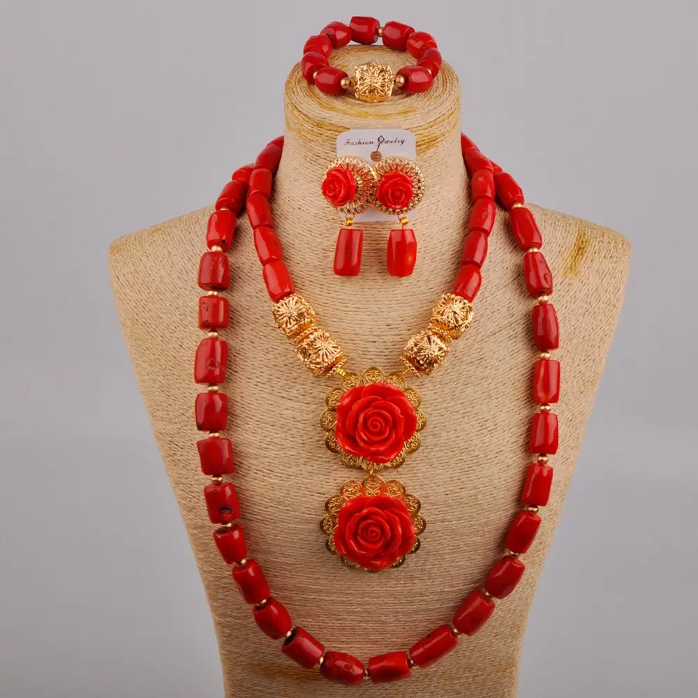 

Красный коралл ожерелье комплект ювелирных изделий Африканские свадебные бусы нигерийские Свадебные Ювелирные наборы