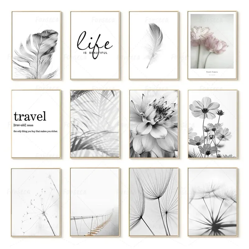 Плакаты с принтом в виде черно-белых цветов перьев одуванчиков настенные картины