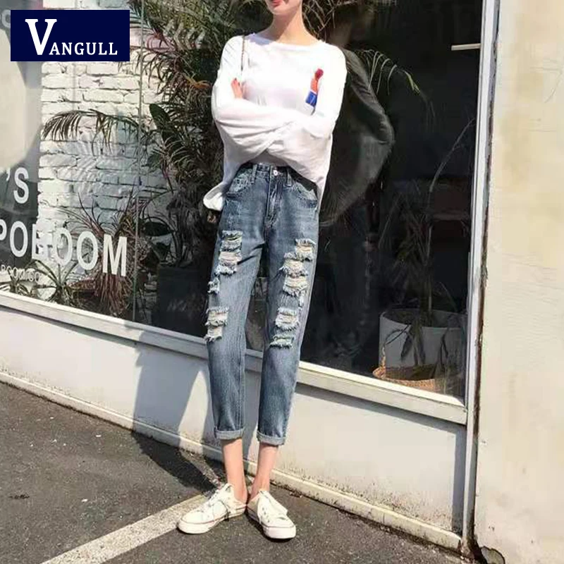 

Vangull Women Denim Ripped Hole Stretch Hollow Out High Waisted Jean Ladies Plus Size Full Length Pencil Pants Casual Jeans