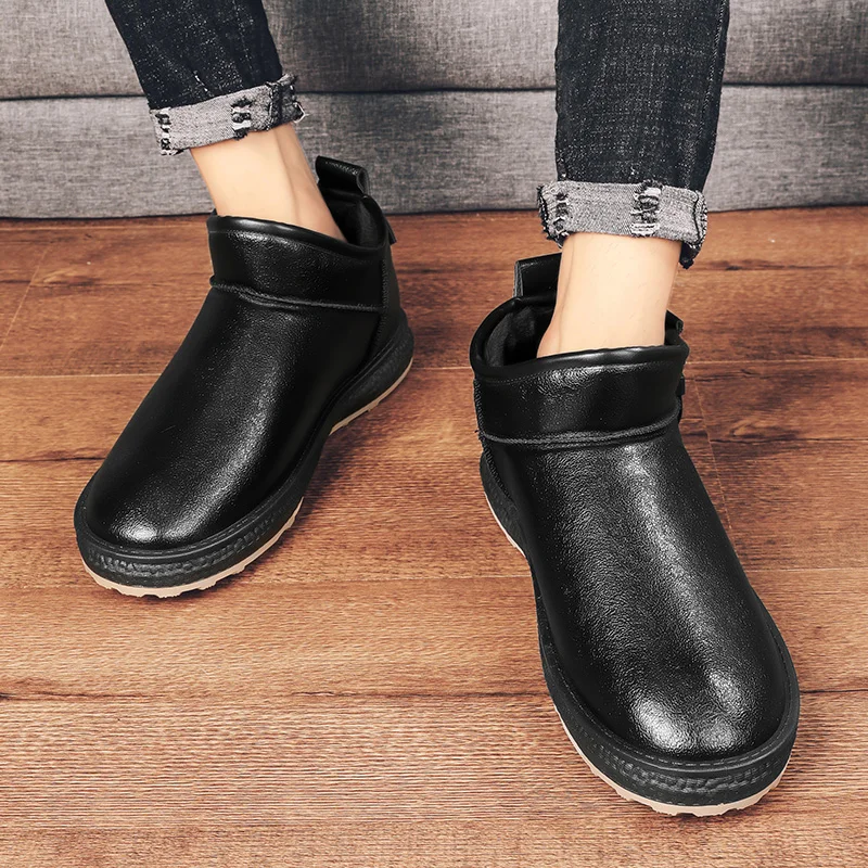 

Winter Warm Pu Leather Zipper Snow Men Boots Flat Platform Skateboard Black Non-Slip Waterproof Plush Velvet Walking Footwear