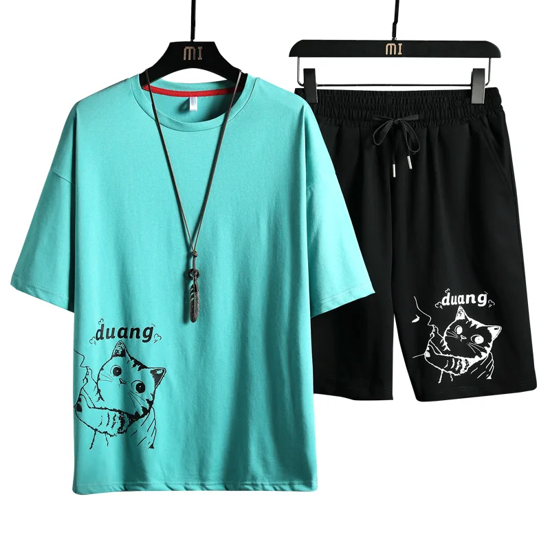 

Men Short Sets 2021 Summer Trend Print T-Shirt+Shorts 2 Pieces Sports Suit Jogging Male Casual Clothes Sportswear Tracksuit