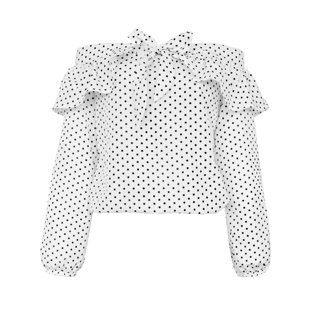 

New sexy one-line neckline women's dress with off-the-shoulder blouse with polka dot and bowknot long sleeve fresh blouse