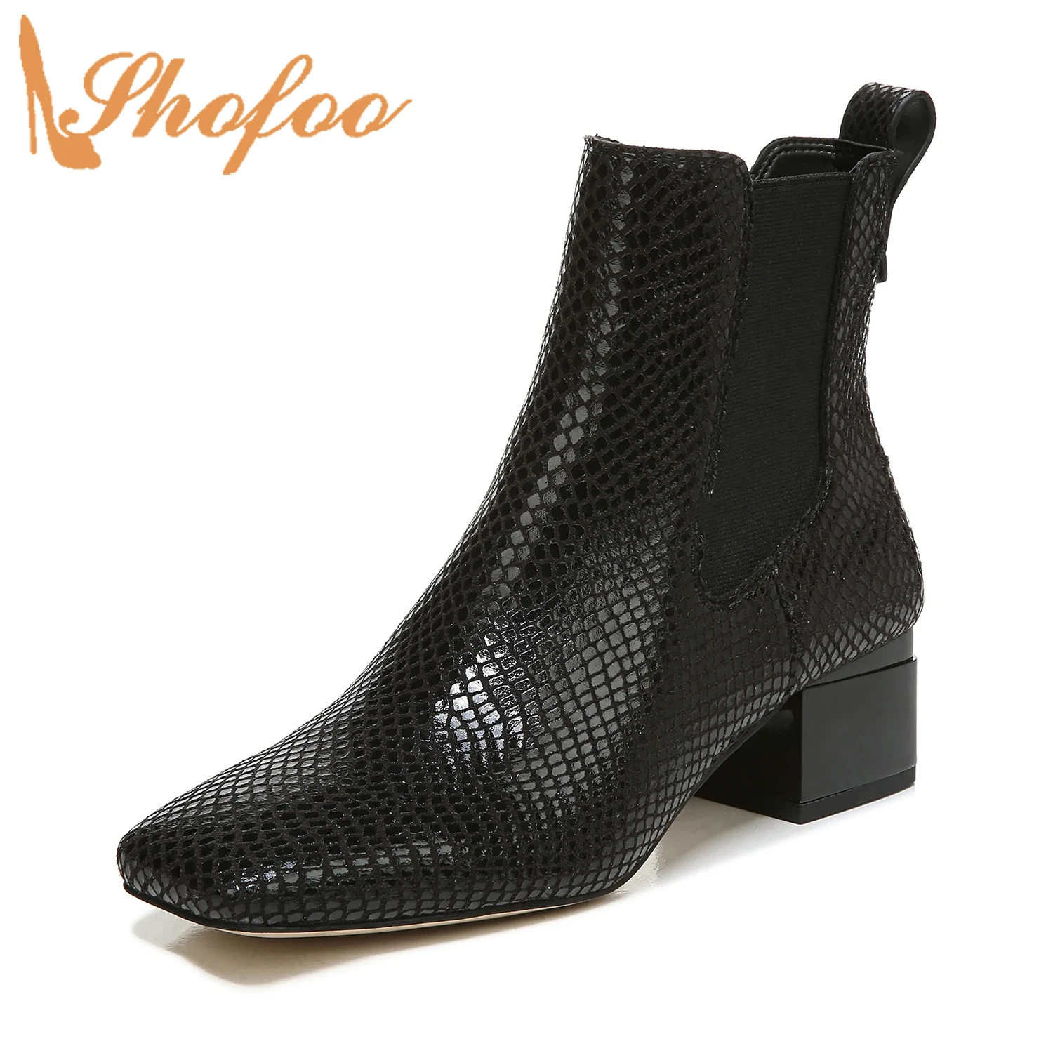 

Black Snackskin High Block Heels Women Ankle Boots Square Toe Chelsea Booties Ladies Winter Mature Shoes Large Size 41 42 Shofoo
