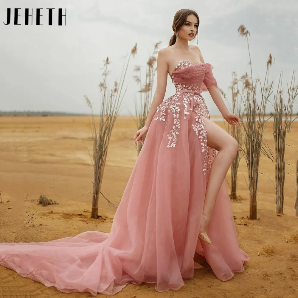 JEHETH Pink A-Line Appliques Tulle Prom Dress Sweetheart One Shoulder Straps Evening Gowns Sexy High Slit Party