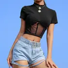 Женский сетчатый укороченный топ, повседневная черная футболка в стиле пэчворк Вечерние и клуба, короткий топ с коротким рукавом и высоким воротом, одежда