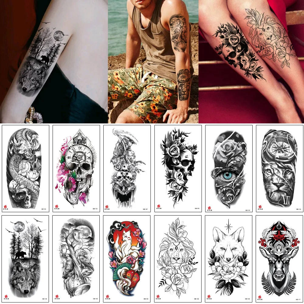 Водостойкая тату наклейка с черепом львом волком лисой лосем драконом Временная