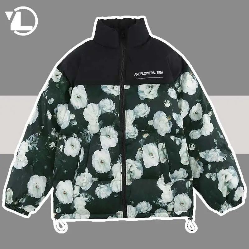 Mens Down Parkas Jacket Hip Hop White Flowers Print Warm Letter Coats Winter Cartoon Thick Padded Puffer Patchwork Parka Women