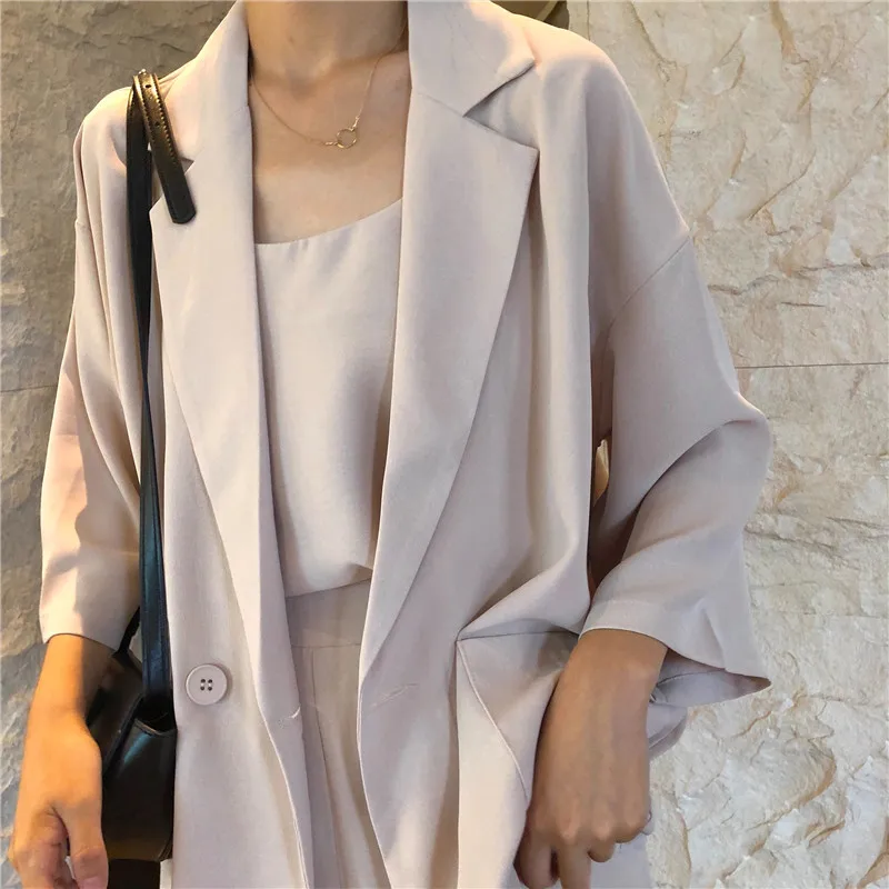 

Blazers Women Simple Elegant Korean Style Chic Loose Female Single Button Pockets Womens Leisure Three Quarter Trendy Outdoor