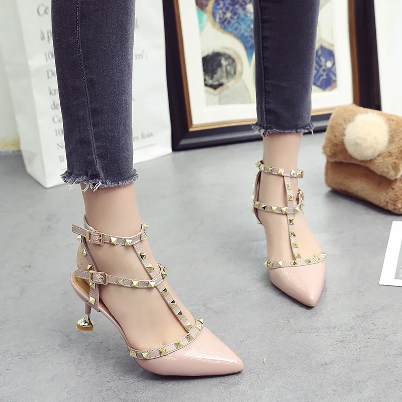 IMKKG/Женская обувь; Новинка года; chaussure femme zapatos mujer; туфли с заклепками на ремешках; женские туфли-лодочки; женская обувь на высоком каблуке; S507