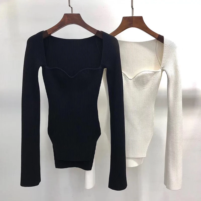 

JCHB 2021 Bodycon Pullover Sweater Asymmetrical Women Side Split Square Collar Spring Autumn Stretch Knitwear Sweaters