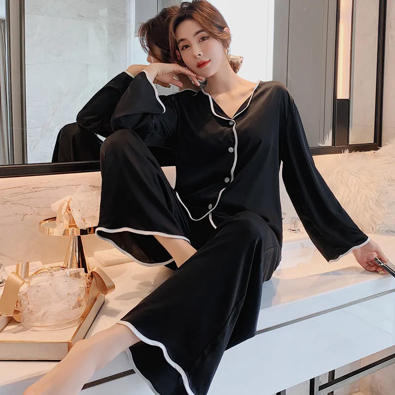 

Spring Summer Daily Solid Color Ice Silk Pajamas Suit Women's Casual Cute Imitation Silk Home Service