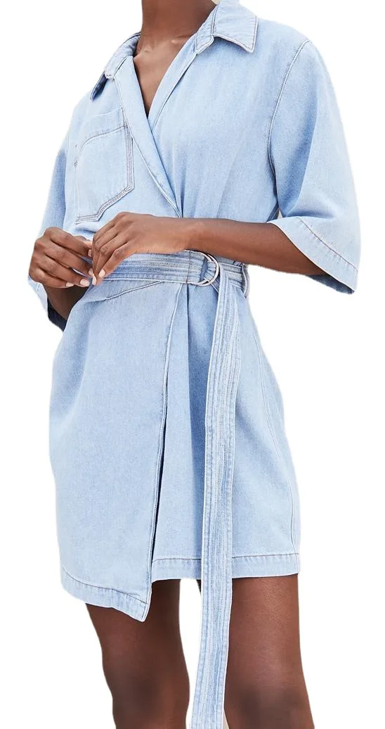 Summer 2021 Spring Women Dress French Wrapped Pajama Denim Blue Fashion Belted Short Dress