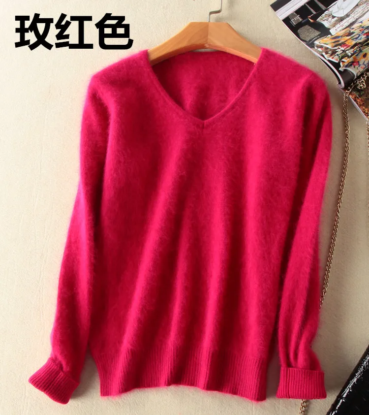 

Autumn Winter Women's V-neck 100% Mink Cashmere Sweaters Pullover Soft Warm Cashmere Sweaters Women Knitted Basic Sweater