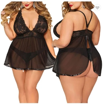 

Women Sexy Lingerie Plus Size Lace Sleepwear Dress Transparent Open Back Hollow-out Chemise Babydoll Sexy Nightdress