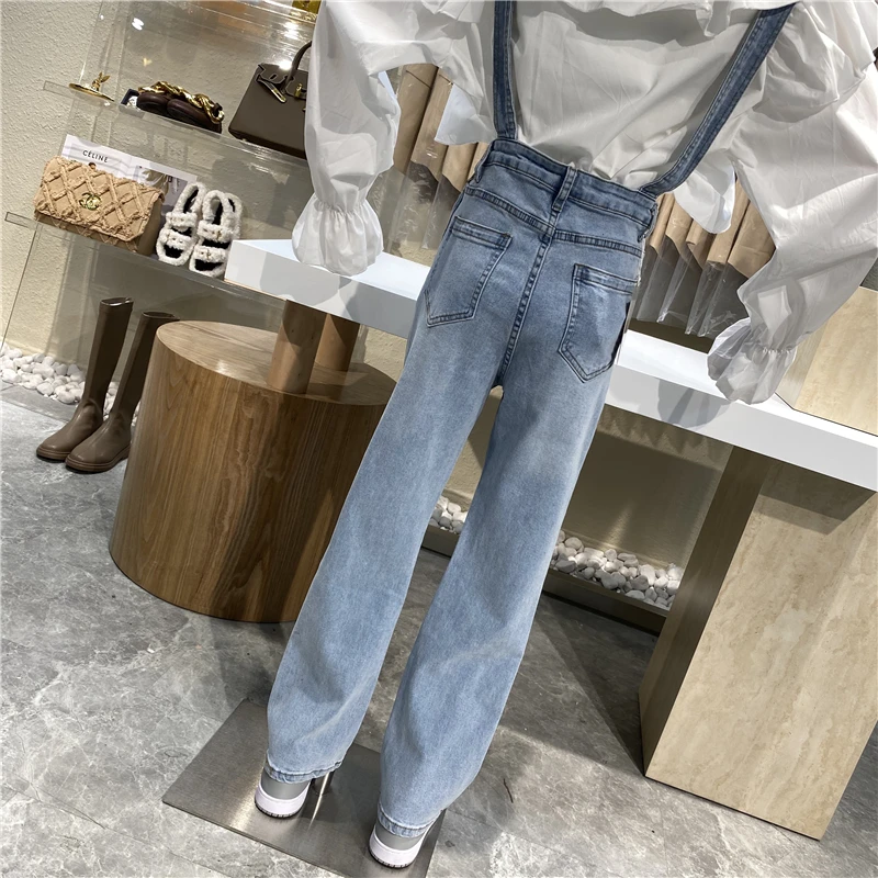 

Brand Original Design Aage-reducing high-waisted jean overalls 2021 casual light blue straight jumpsuit