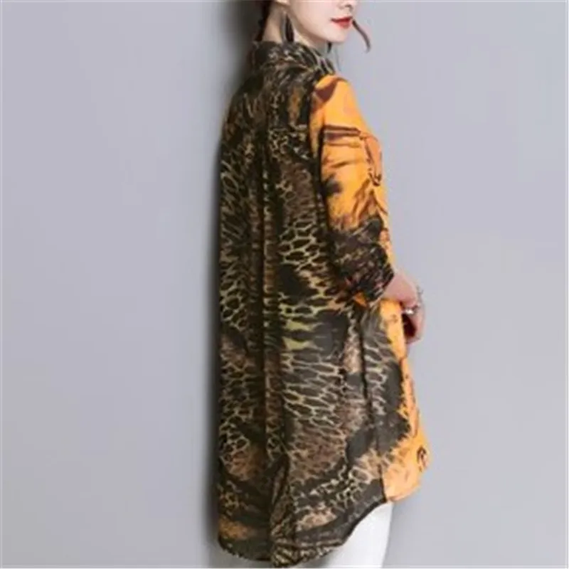 Женская шифоновая блузка с леопардовым принтом Длинная тонкая рукавом 3/4 и