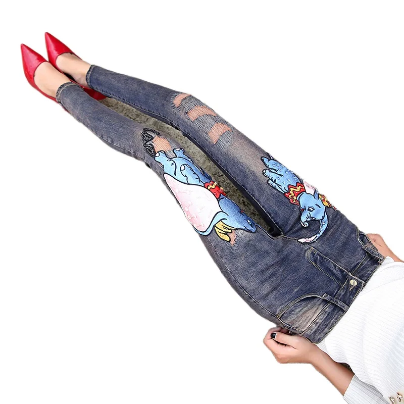 Женские джинсы с вышивкой Дамбо Длинные облегающие джинсы-карандаш блестками и