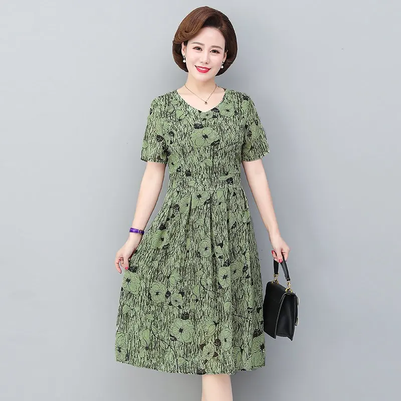 

Dresses Casual Vintage Clothing Flowers Dress Print New V-neck Short Sleeve Women for Female 2021 Summer Polyester
