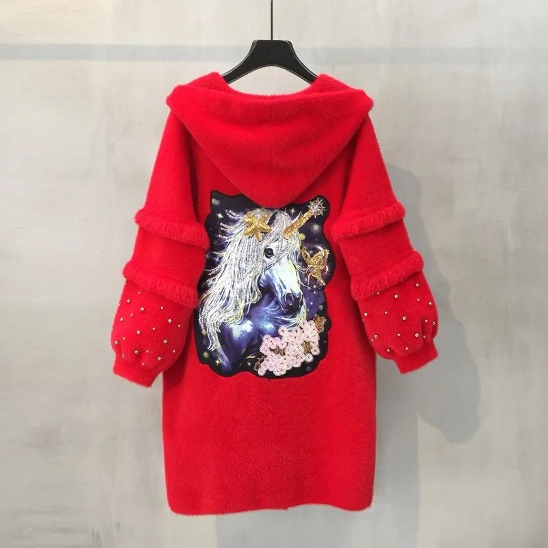 

2020 coat female long section winter new loose single-breasted solid color long-sleeved pocket thick warm plush fur coat