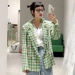 Зеленые клетчатые пальто в богемном стиле 2020 веснаосень для женщин пальто Новые твидовые на рифленой подошве, с рисунком гусиные лапки с длинным рукавом и куртка с длинными рукавами для девочек