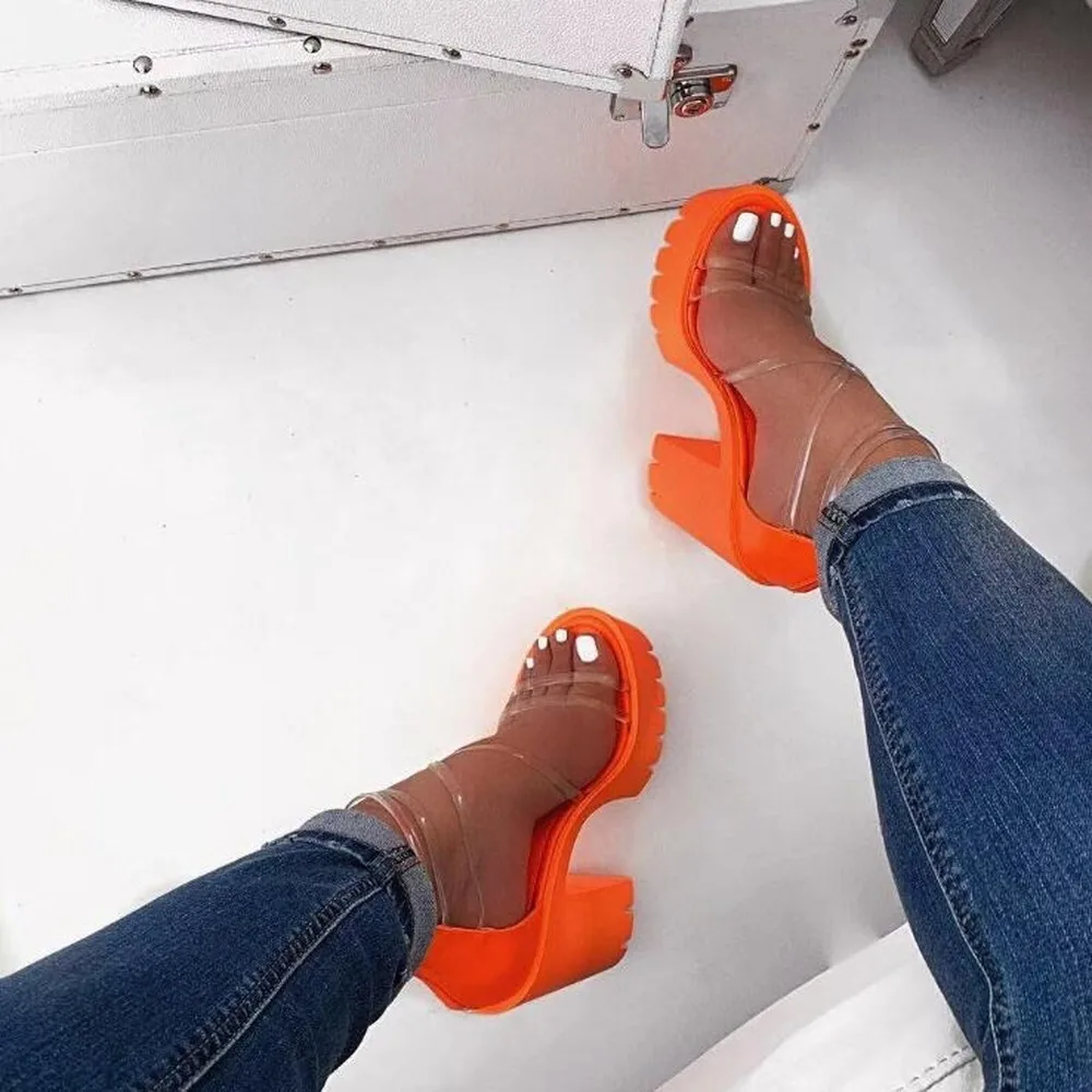 

Neon Orange 2020 New Women's High-heeled Sandals Cross PVC Straps Outdoor Travel Sandals Rubber Bottom Non-slip Slippers Sandals