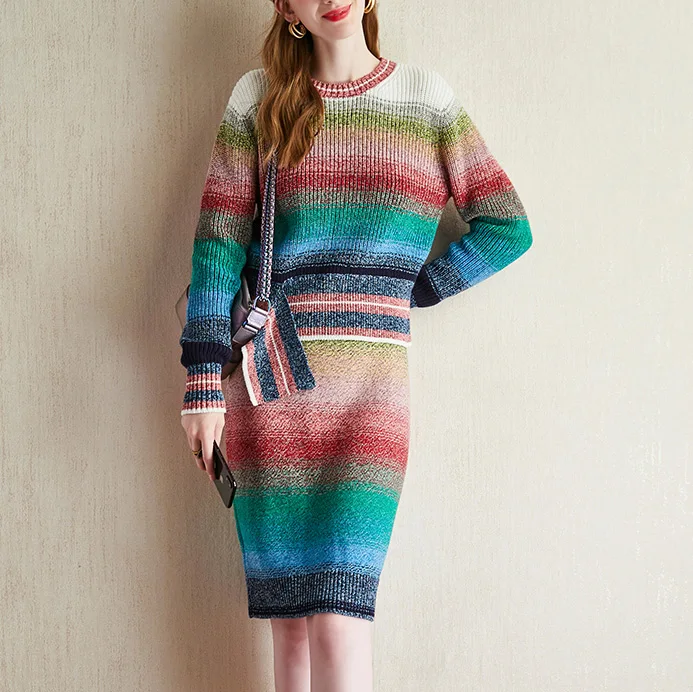 Элегантный вязаный комплект из двух предметов 2019 осенний женский градиентный