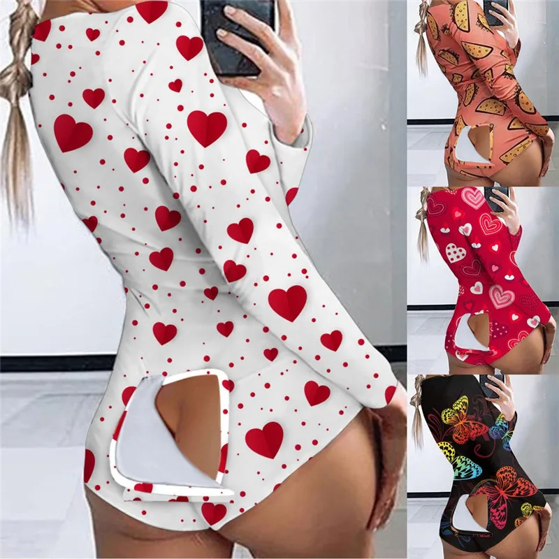 

Fashion Heart Print Bodysuits Sexy Women Buttoned Flap Hip Long Sleeves Nightwear Playsuit Romper Pajamas Female Shorts Jumpsuit